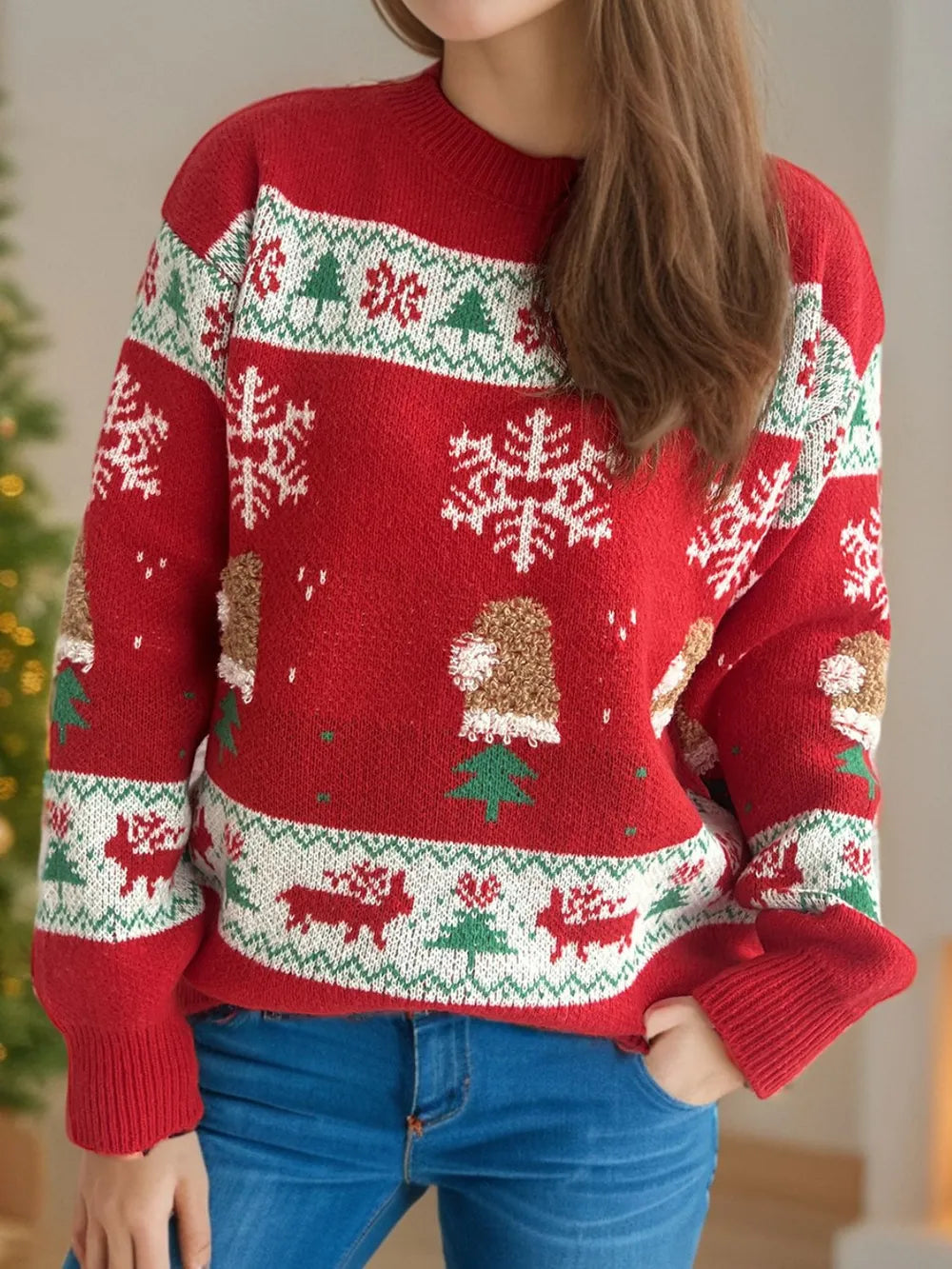 Christmas Element Round Neck Long Sleeve Sweater-0