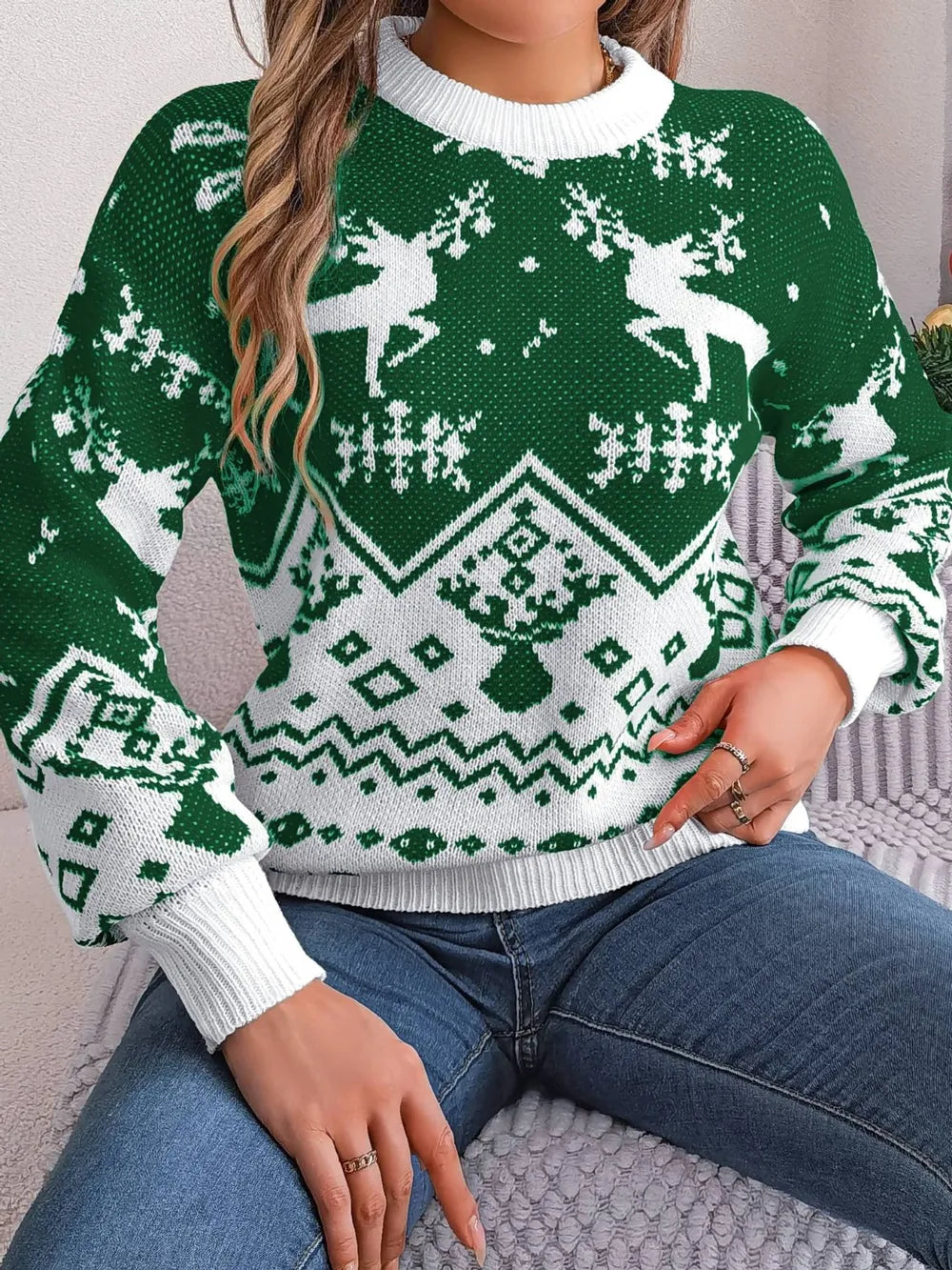 Christmas Element Round Neck Long Sleeve Sweater-5