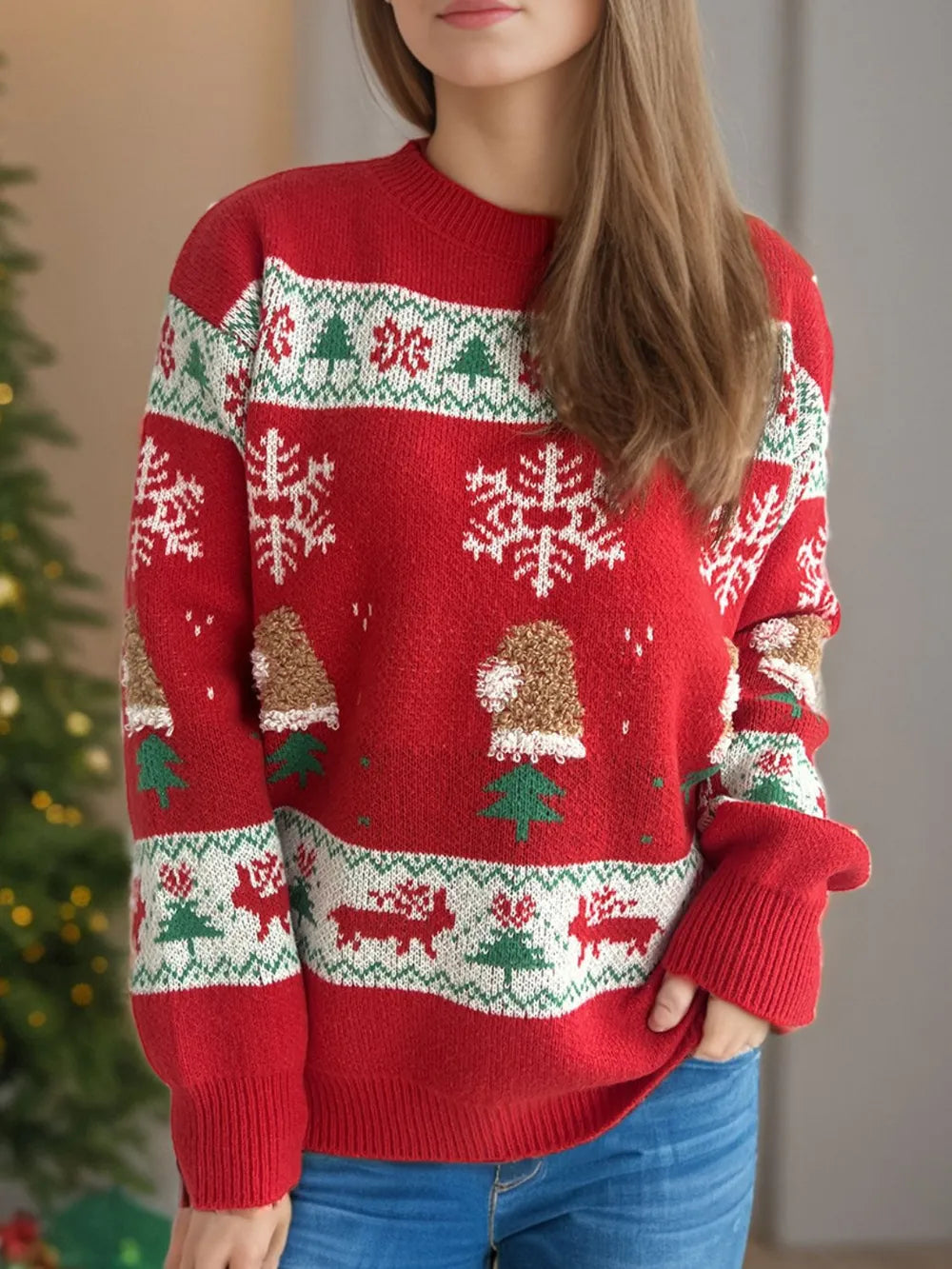 Christmas Element Round Neck Long Sleeve Sweater-4