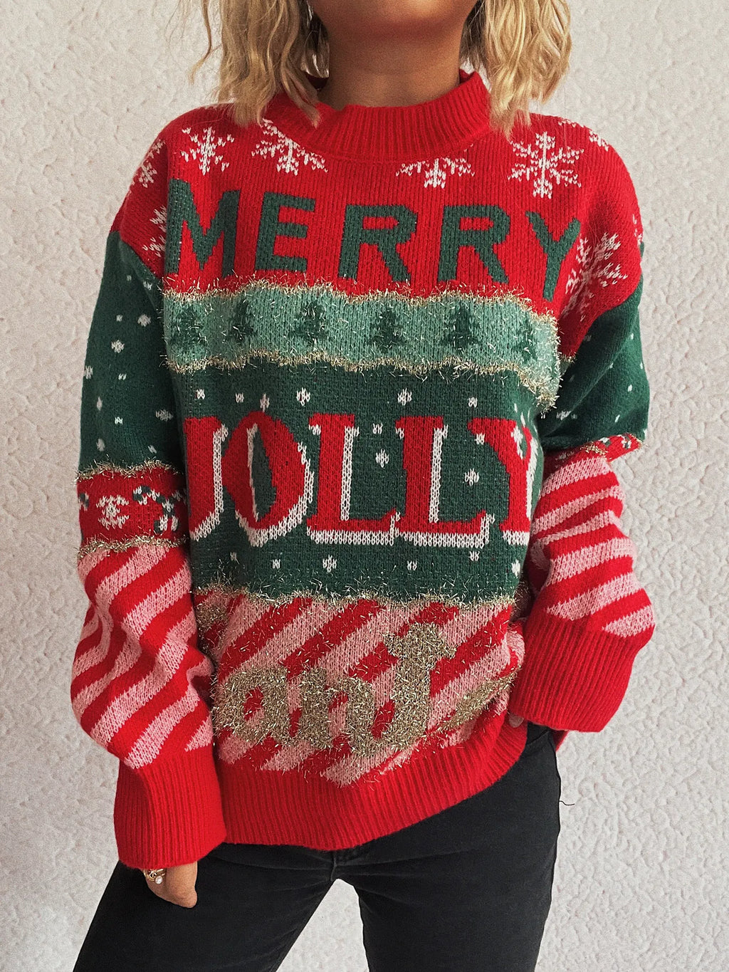Christmas Letter Round Neck Long Sleeve Sweater-2
