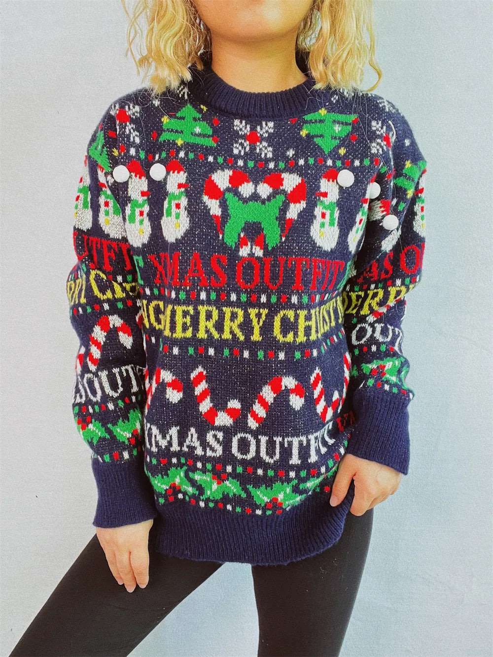 Christmas Pattern Round Neck Long Sleeve Sweater-0
