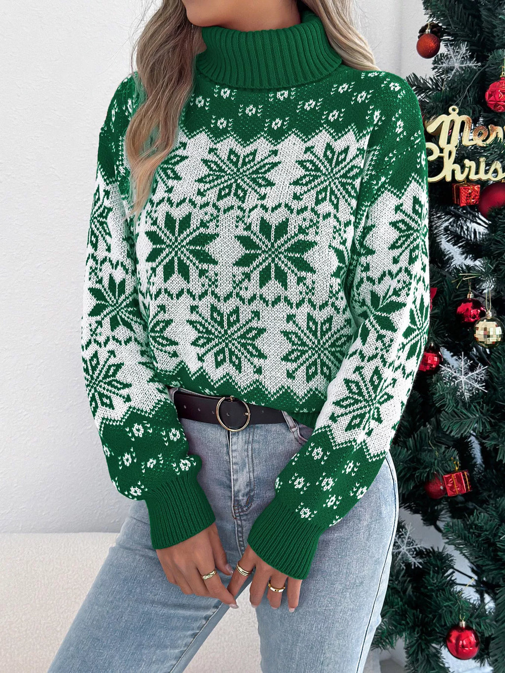 Christmas Snowflake Turtleneck Long Sleeve Sweater-4
