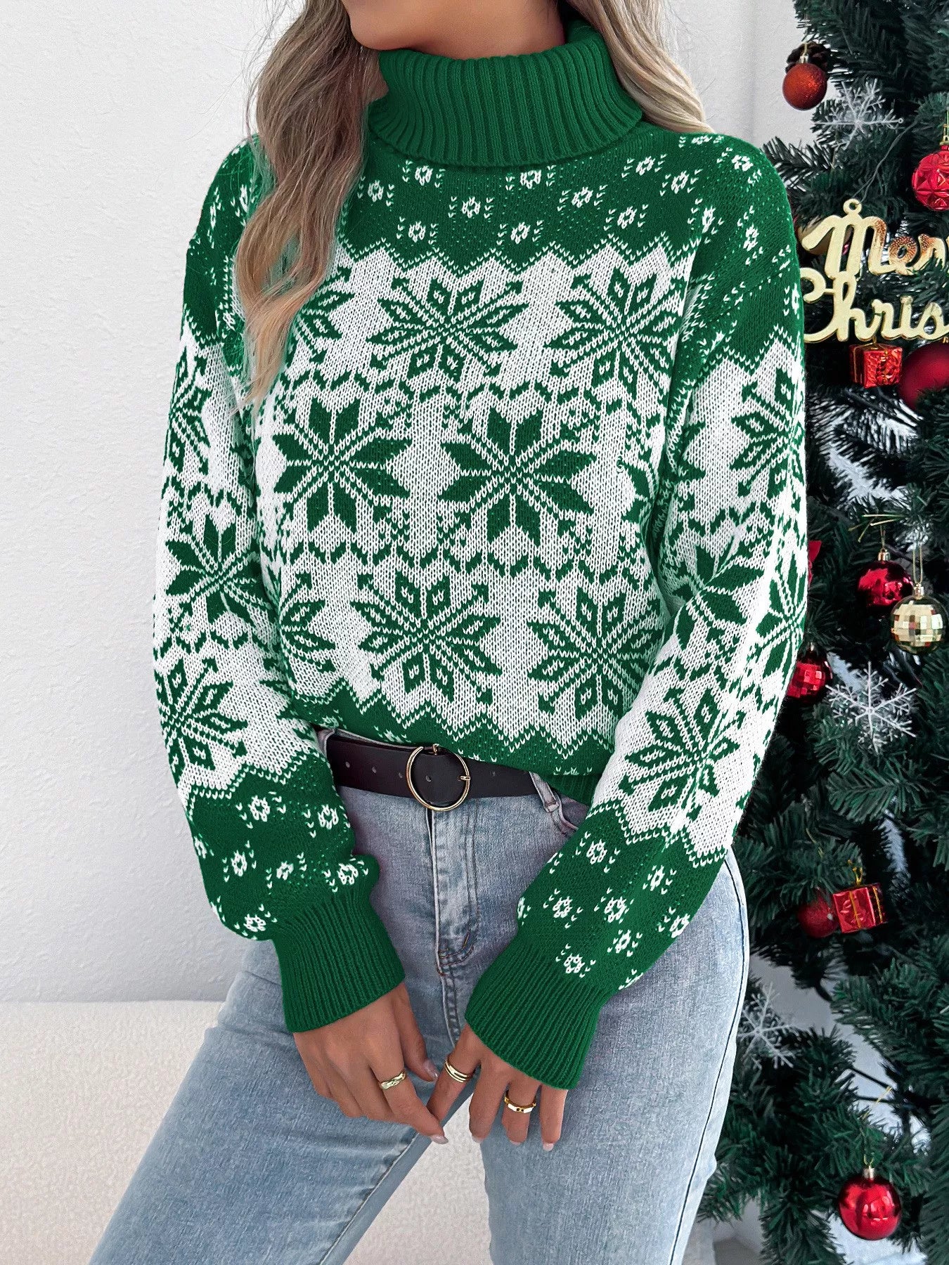 Christmas Snowflake Turtleneck Long Sleeve Sweater-4