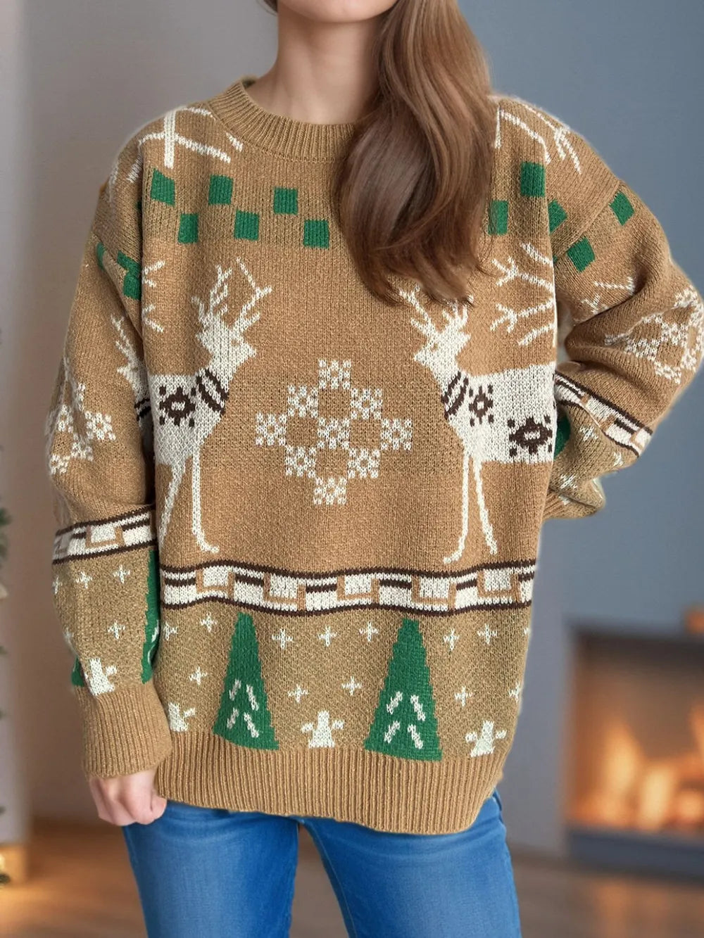 Christmas Element Round Neck Long Sleeve Sweater-4