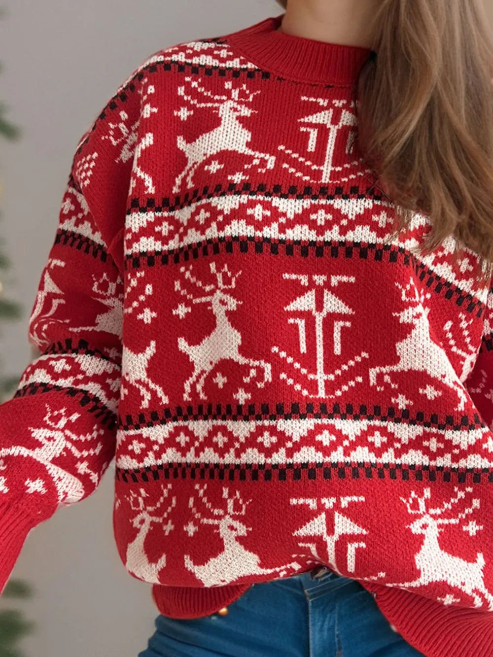 Christmas Element Round Neck Long Sleeve Sweater-2