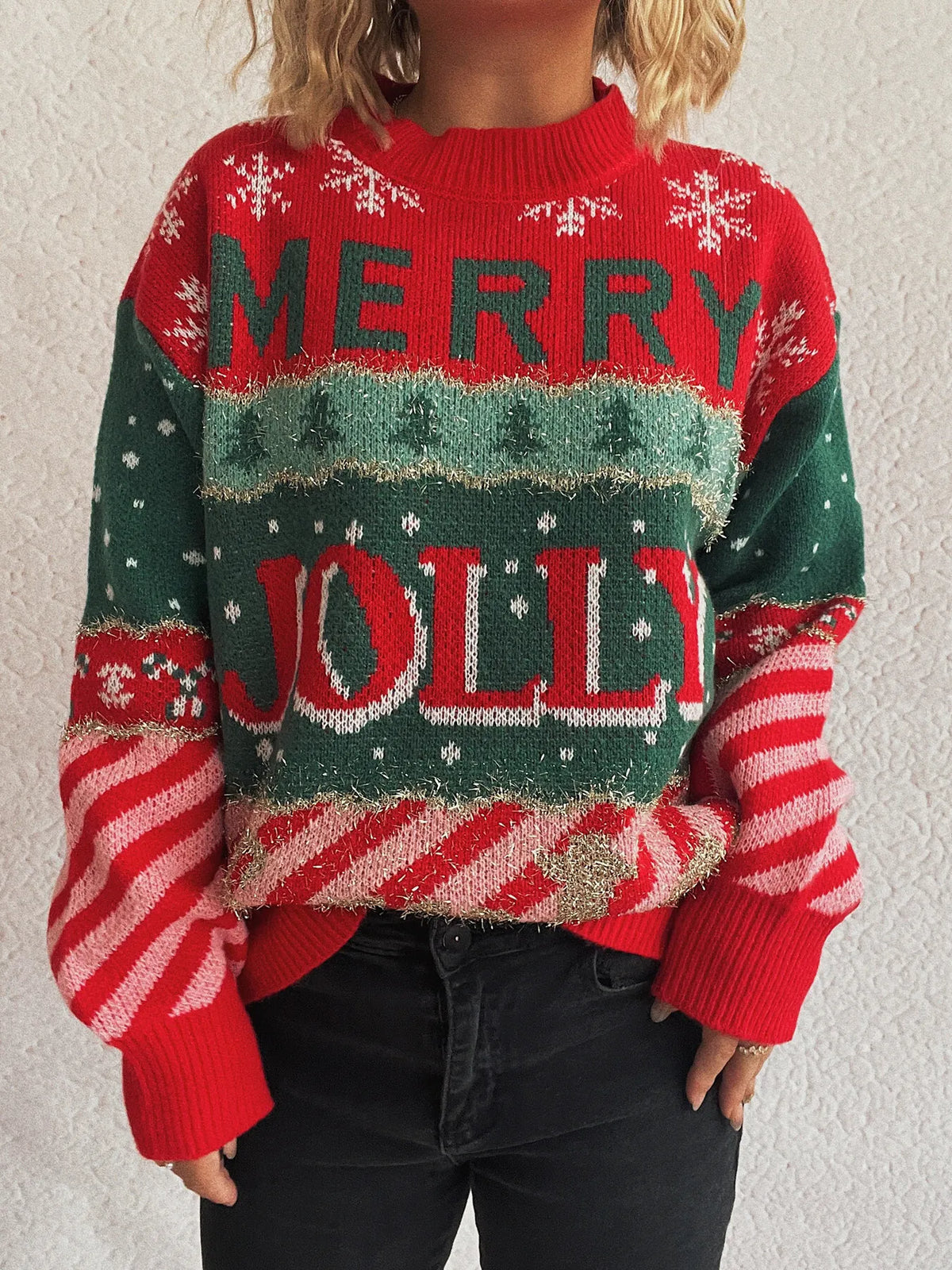 Christmas Letter Round Neck Long Sleeve Sweater-1