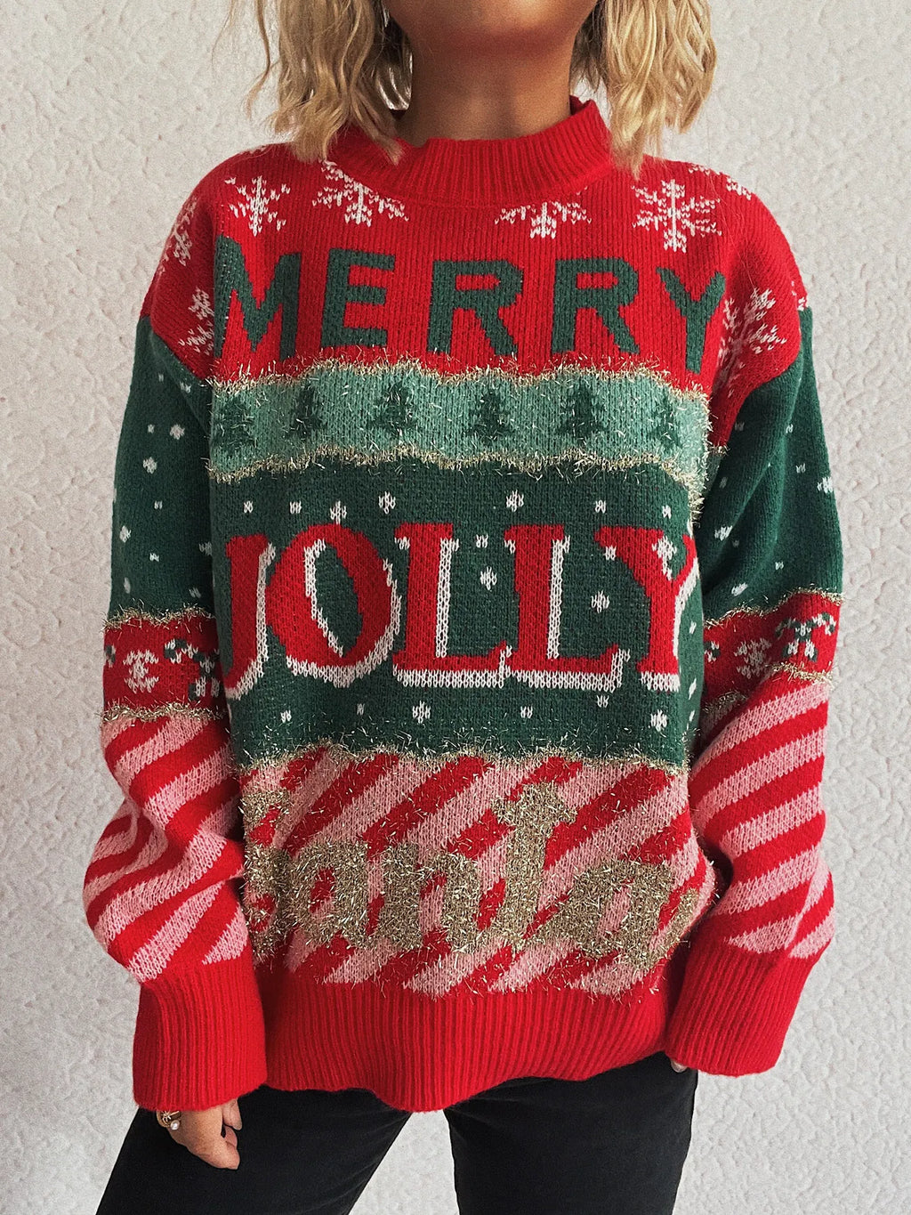 Christmas Letter Round Neck Long Sleeve Sweater-0