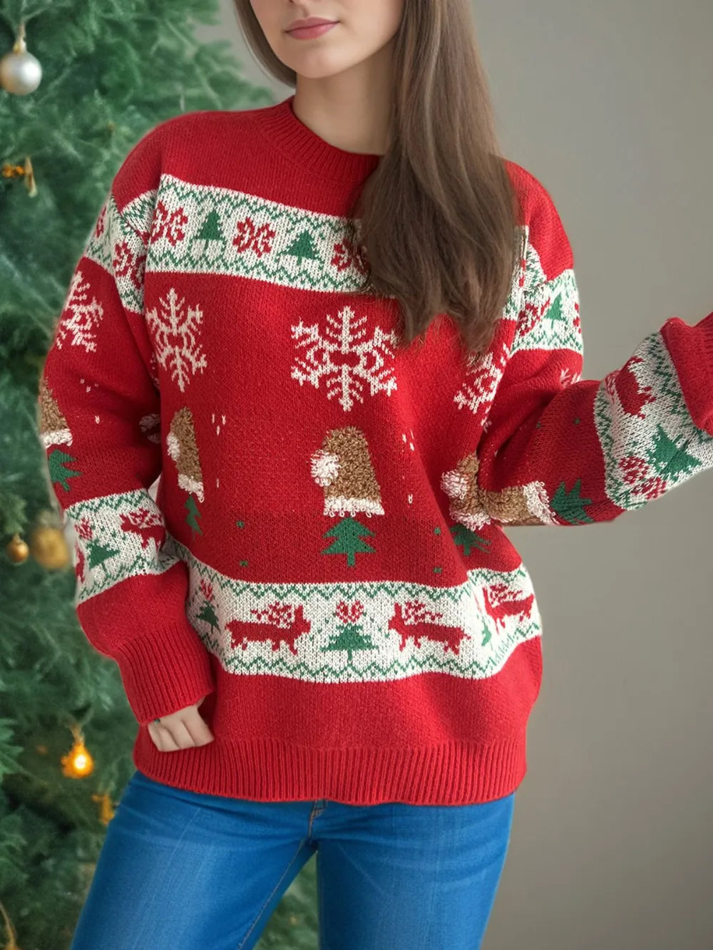 Christmas Element Round Neck Long Sleeve Sweater-2