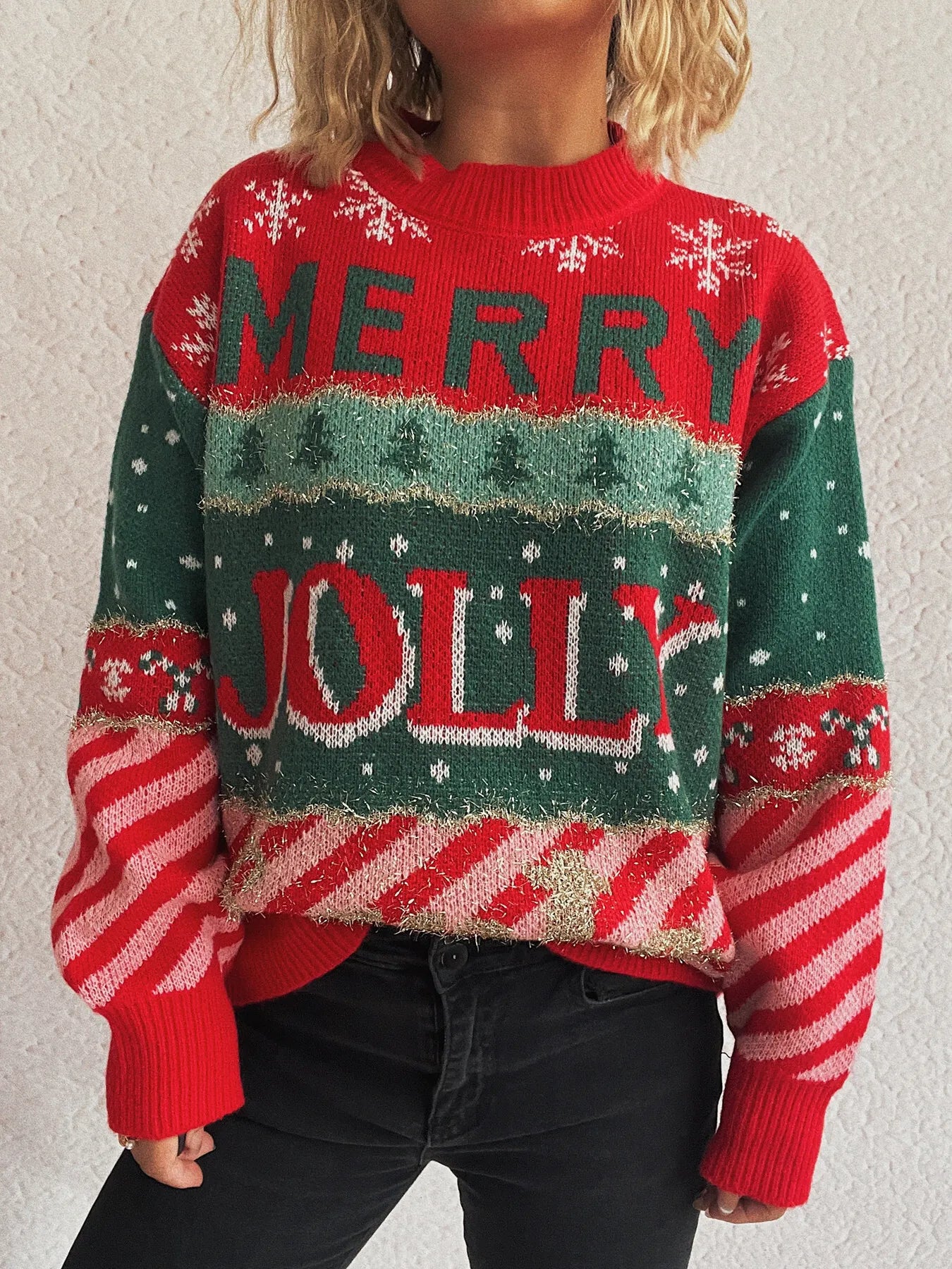 Christmas Letter Round Neck Long Sleeve Sweater-4