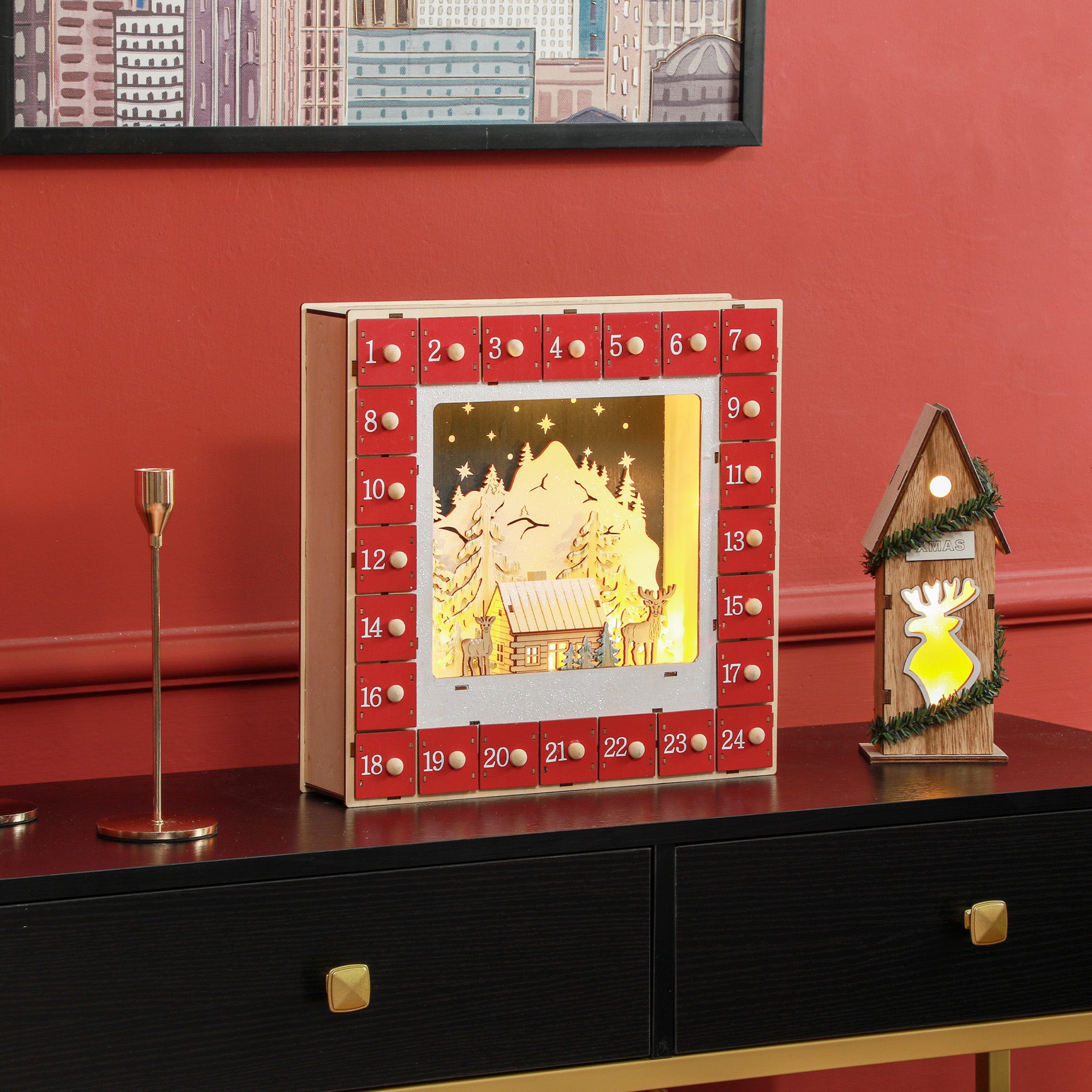 Calendrier de l'Avent lumineux en bois — 24 tiroirs