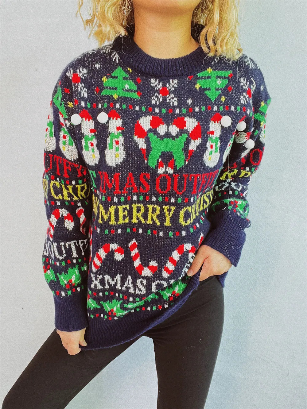 Christmas Pattern Round Neck Long Sleeve Sweater-3