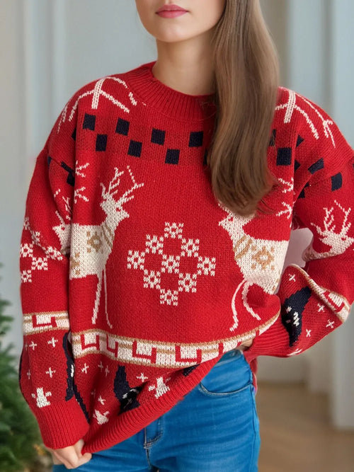 Christmas Element Round Neck Long Sleeve Sweater-1