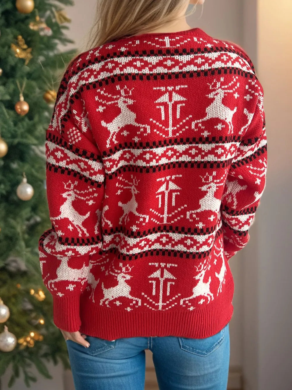 Christmas Element Round Neck Long Sleeve Sweater-1