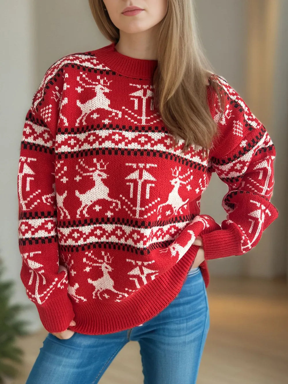 Christmas Element Round Neck Long Sleeve Sweater-0