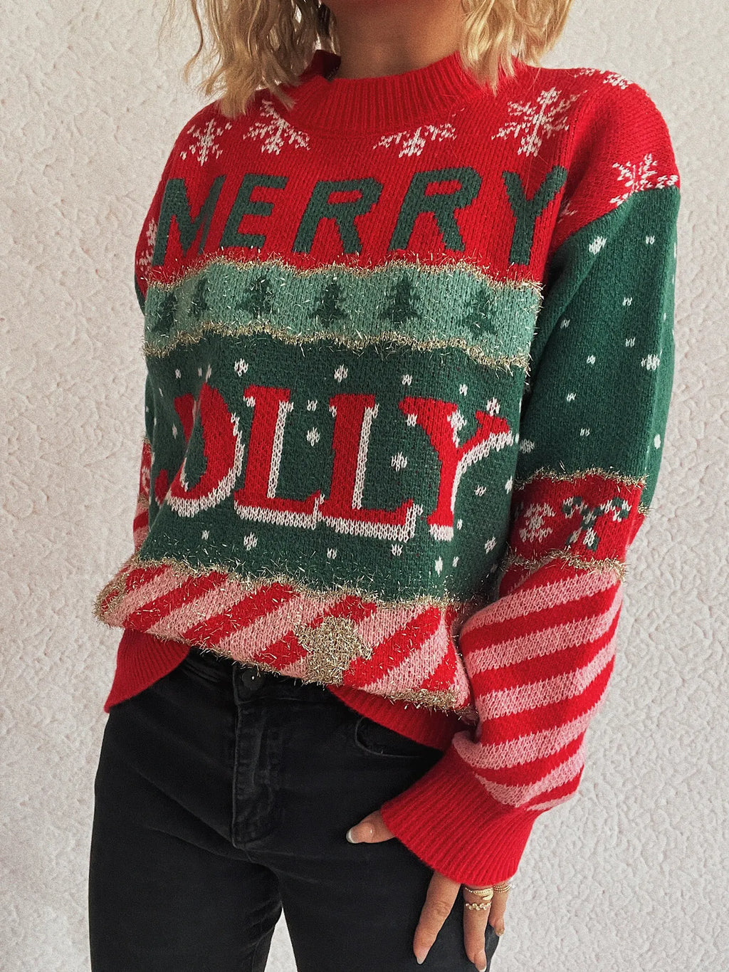 Christmas Letter Round Neck Long Sleeve Sweater-3