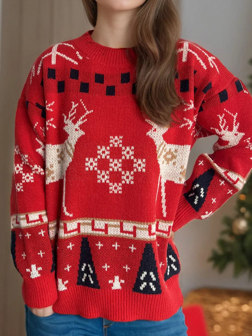 Christmas Element Round Neck Long Sleeve Sweater-0