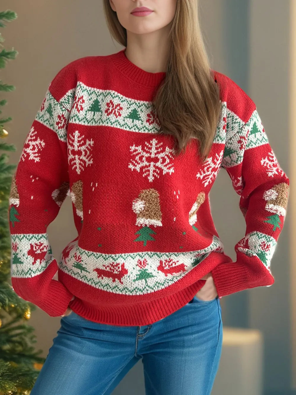 Christmas Element Round Neck Long Sleeve Sweater-3